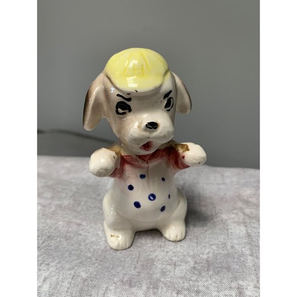 Vintage Hand-Painted Porcelain Dog Figurine Yellow Hat Polka Dot Japan - Picture 7 of 8